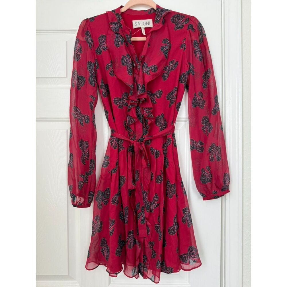 Saloni Tilly Ruffle Bib 100% Silk Long Sleeve Dress in Cherry Bows Size 2
